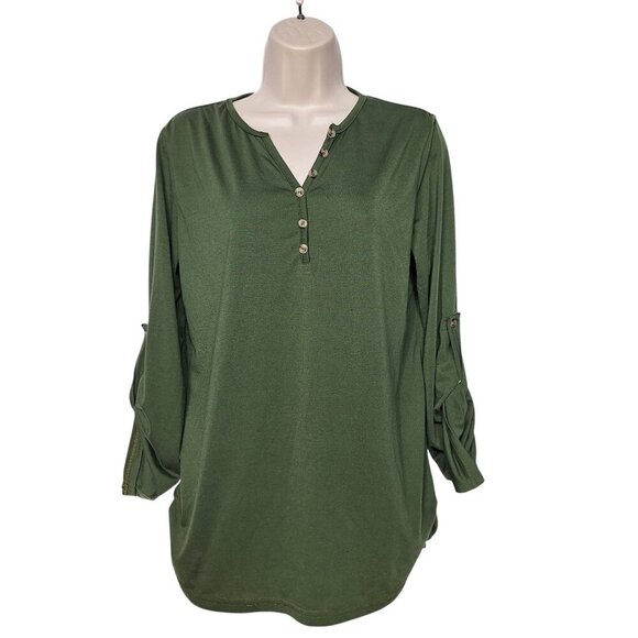 Emery Rose Womens Pull Over Tunic Top Olive Green Large Roll Tap Sleeves - Picture 2 of 6